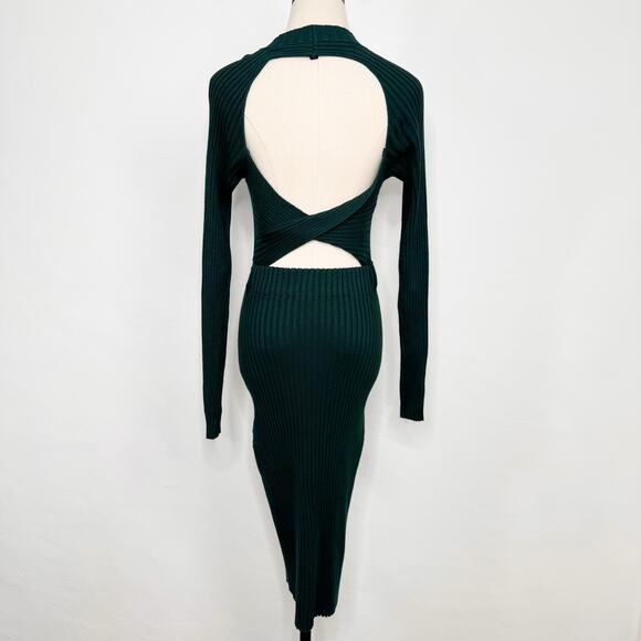 Lulu's Cozy Twist Seater Dress Green Twist Back Midi Stretchy Cocktail Size M - Picture 7 of 11